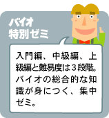 バイオ特別ゼミ：入門編、中級編、上級編と難易度は３段階。バイオの総合的な知識が身につく、集中ゼミ。